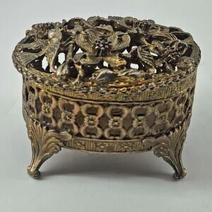 Vintage Small gold Filigree Ormolu floral Trinket Box Hollywood Regency
